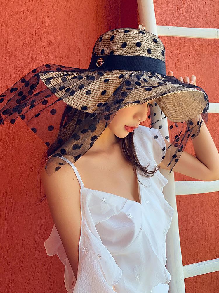 Freedom Outdoors Women's Black Floppy Straw Hat Wide Brim Polka Dot Lace Sheer Beach Sun Hat Summer 55-60Cm
