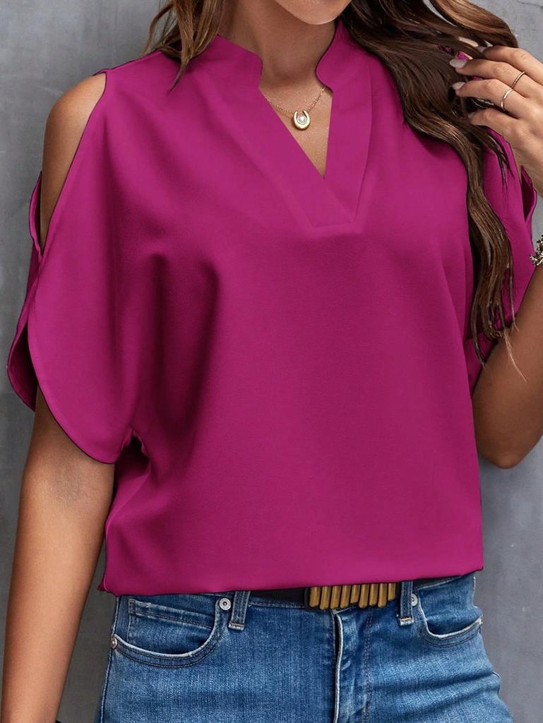 2024 Summer V-neck Off Shoulder Short Sleeve Blouse Fashion Simple Loose Women Tops Ladies Vintage Shirt 30609