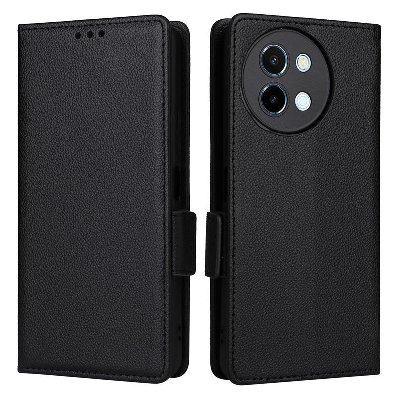 Compatible Leather Flip Case with Card Slot & Lanyard for VIVO Y38/Y58/Y200i 5G; Lychee Grain Design.