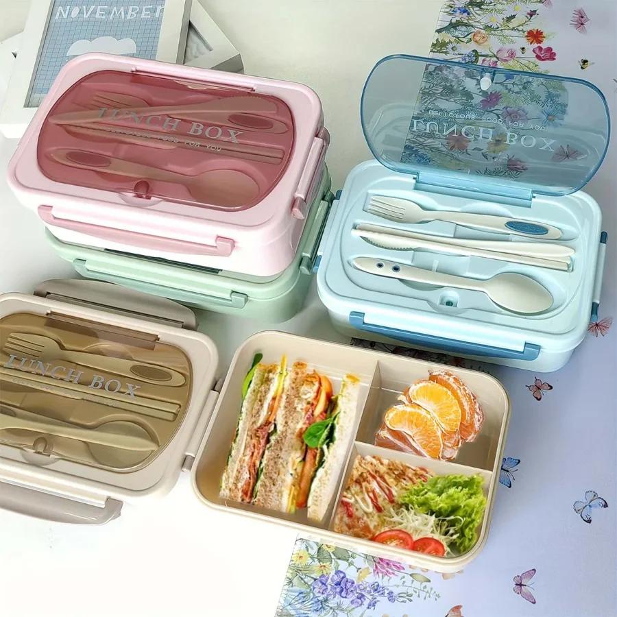 Fächer Kunststoff Bento Box Wiederverwendbar Pp Kunststoff Tiffin Kinder Lunchbox mit Besteck und Handtasche Bento Boxen für Kind Erwachsener