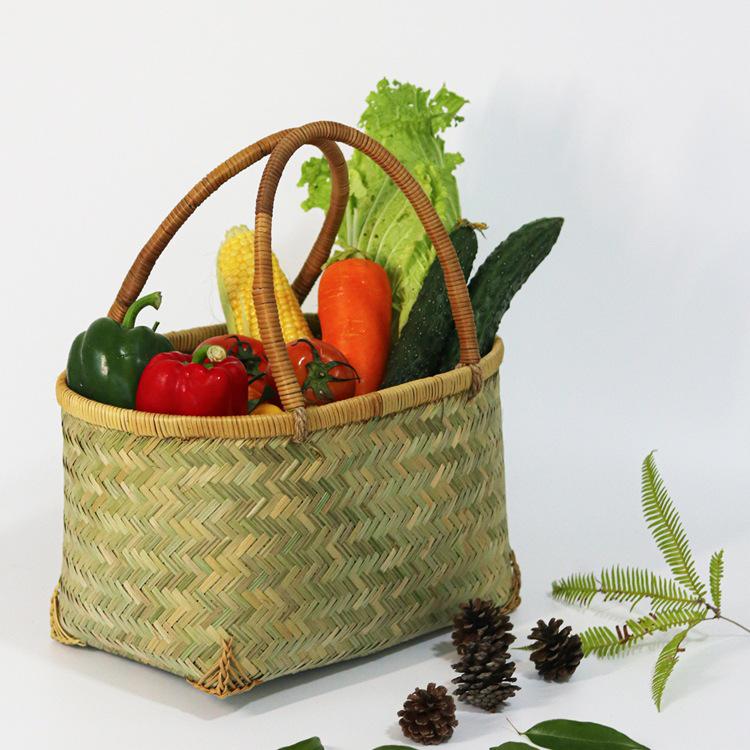 Bamboo Handmade Woven Basket for Vegetables, Fruit, Picnic, Shopping, and Storage Small Basket (32x20x19cm) Bamboo Finish
