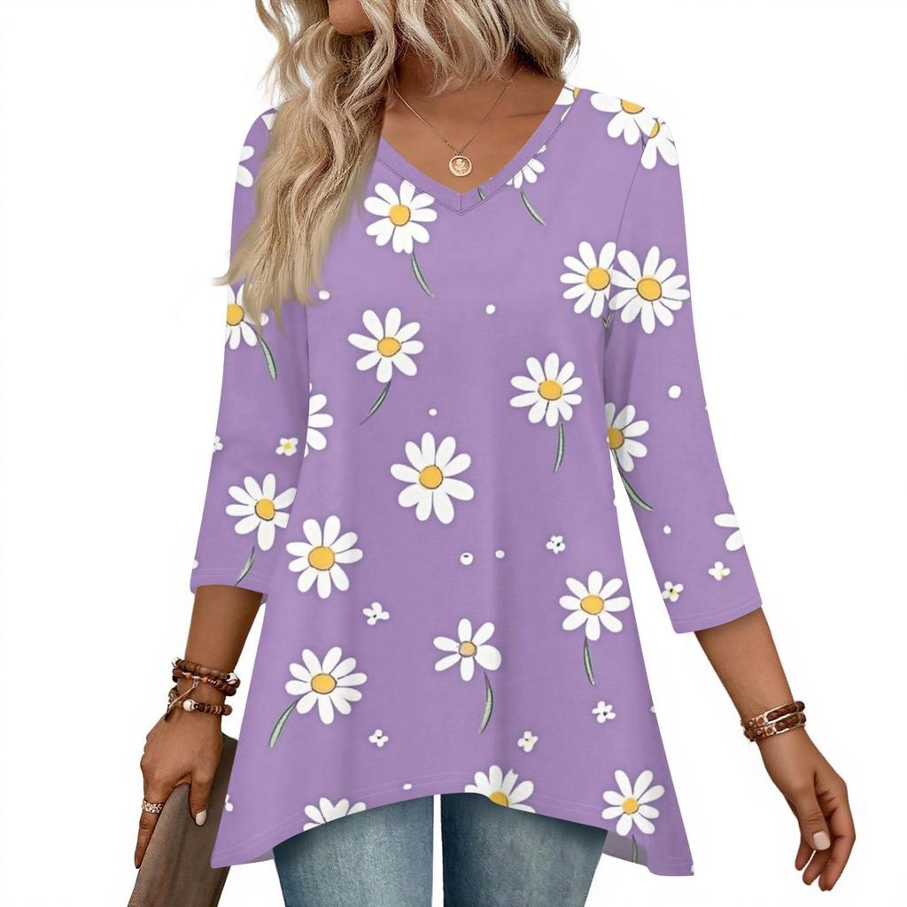 Dámské topy s výstřihem do V a 3/4 rukávem, ležérní košile střední délky, módní tuniky s potiskem