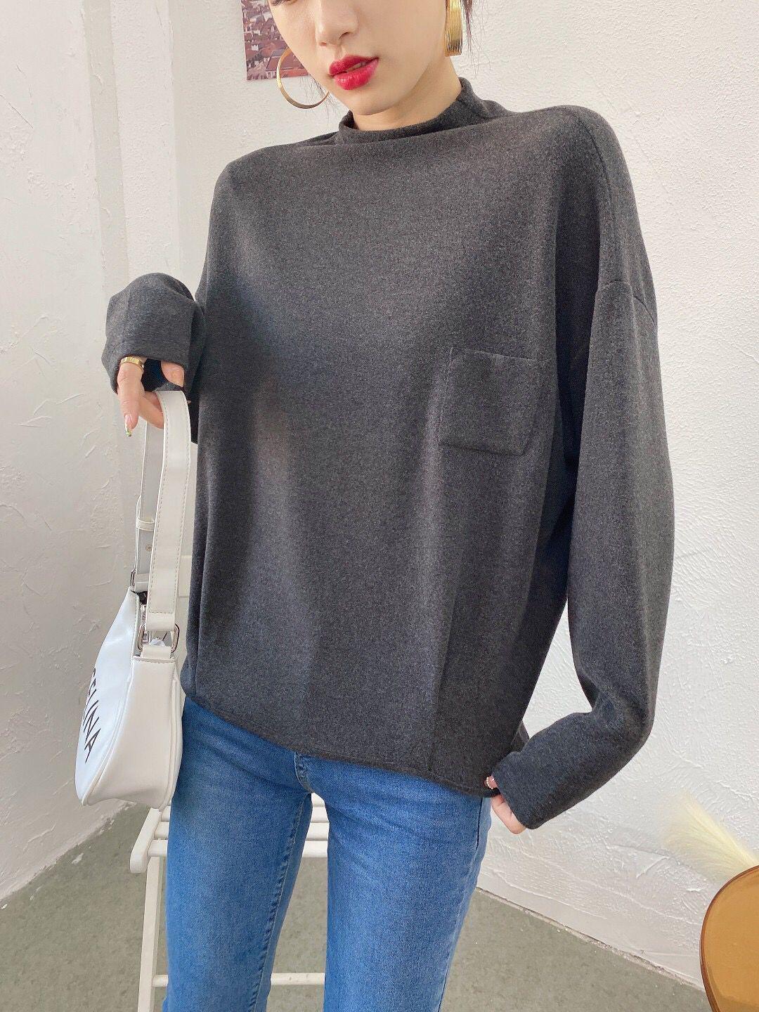 

Plush Velvet Korean Loose Half Turtleneck Pullover with Pocket for Autumn and Winter One Size темно-серого