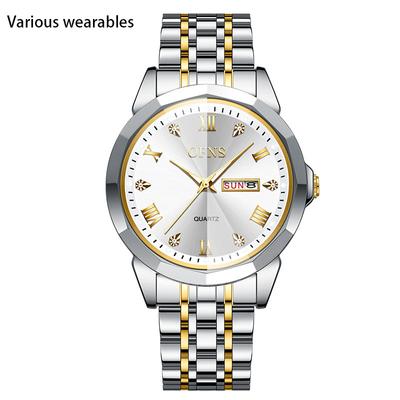 New Double Calendar Couple Fluorescent Quartz Watch Fashion Waterproof Steel Band Watch