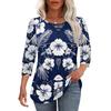 Women's Casual Loose Fit Round Neck Top Three Quarter Sleeve Blouse Lightweight Floral Print Shirt with Button Detail