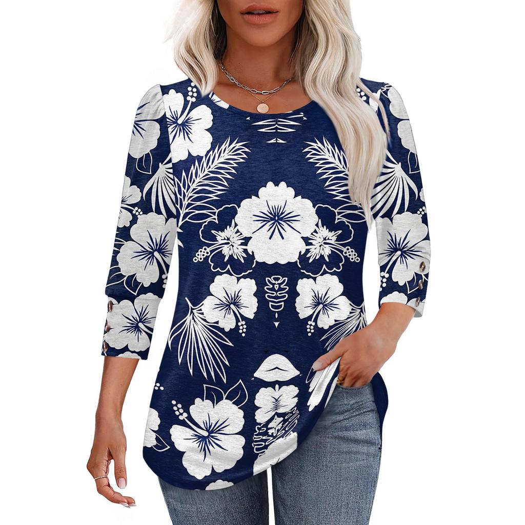 Women's Casual Loose Fit Round Neck Top Three Quarter Sleeve Blouse Lightweight Floral Print Shirt with Button Detail
