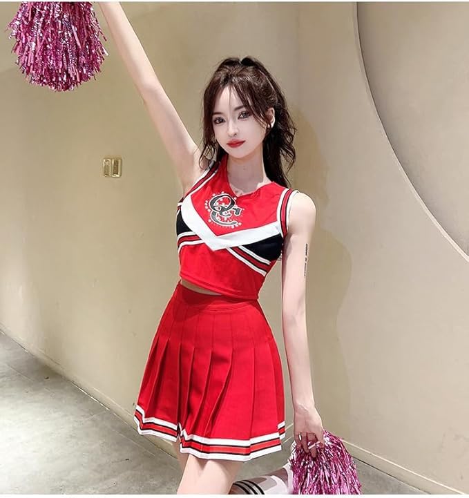 [Lady Lazy] Cheerleader Cosplay Costume Halloween Photoshoot Support Sexy Miniskirt Midriff-Baring Red (XXL)