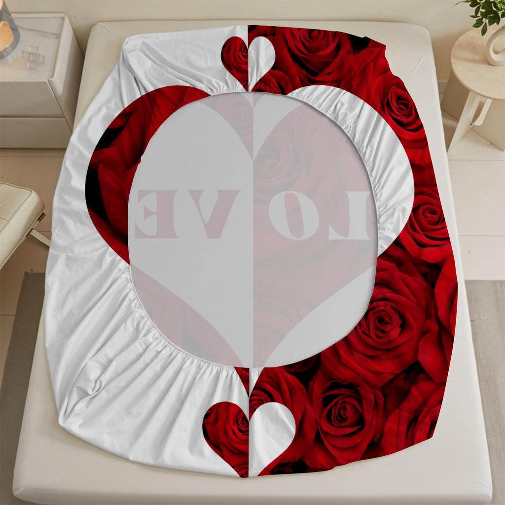 White Red Fitted Sheet Set Rose Heart Love 3D Printed 100% Polyester Mattress Covers Breathable Bedding Set With 2 Pillowcases