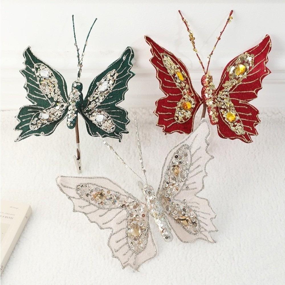 Clip Glitter Butterfly Christmas Flower Sequins Simulated Artificial Butterfly Clip Exquisite Butterfly Pendants Christmas Decor