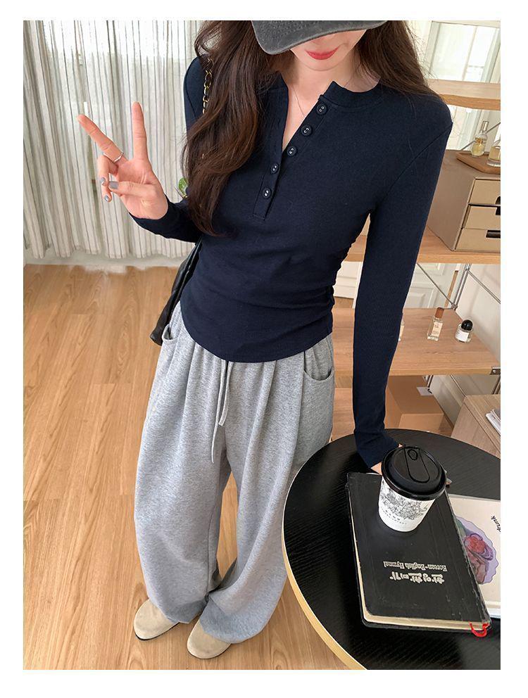 Plus Size Women's Spring/Autumn Long Sleeve Half-Open Neck Slimming Base Layer Top - Korean Style