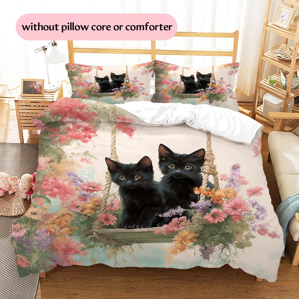 Pink Bombay Cat Pattern Bedding Home Decoration Birthday Gift (1 * Duvet Cover + 2 * Pillowcase, Without Core)