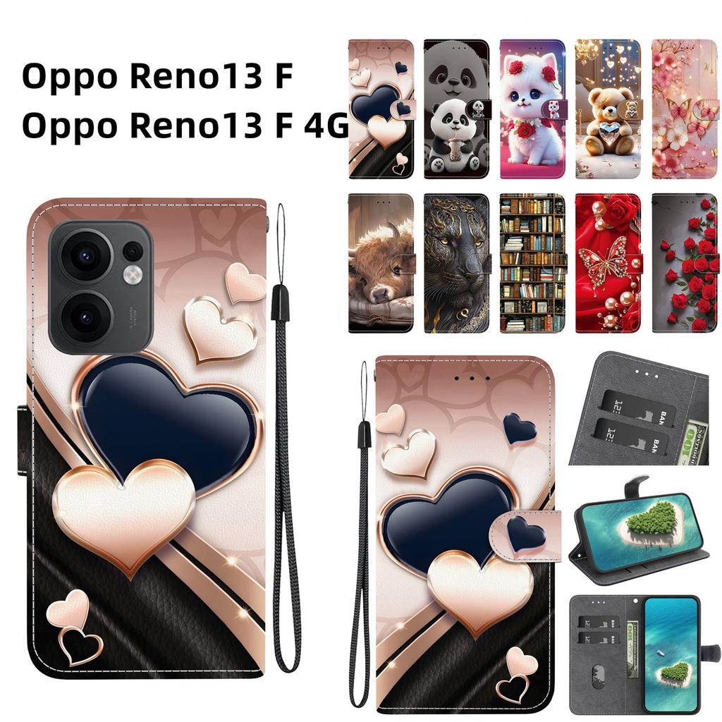 Handmade PU Leather Flip Case for Oppo Reno13 F/Reno13 F 4G Anti-Slip Shockproof Cover with Wrist Strap & Heart/Rose Cat Designs