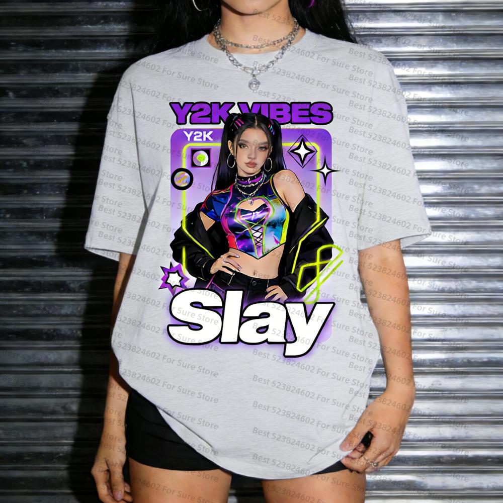 

Y2K Vibes Slay Graphic Tees for Women Aesthetic Tshirts Retro Pop Print Soft Cotton Streetwear Fashion for Summer Casual Tops 4XL