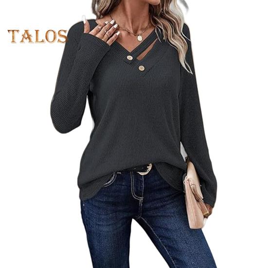 Topuri Dama Decolteu în V Mânecă Lungă Tricot Reiat Top cu Nasturi Decor Culoare Solidă Croială Lejeră Elastic Cămașă de Toamnă Ținută Casual de Birou