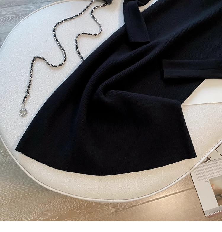 Damen High-End Strickkleid mit V-Ausschnitt und figurschmeichelndem Midilängen-Design für Herbst/Winter.