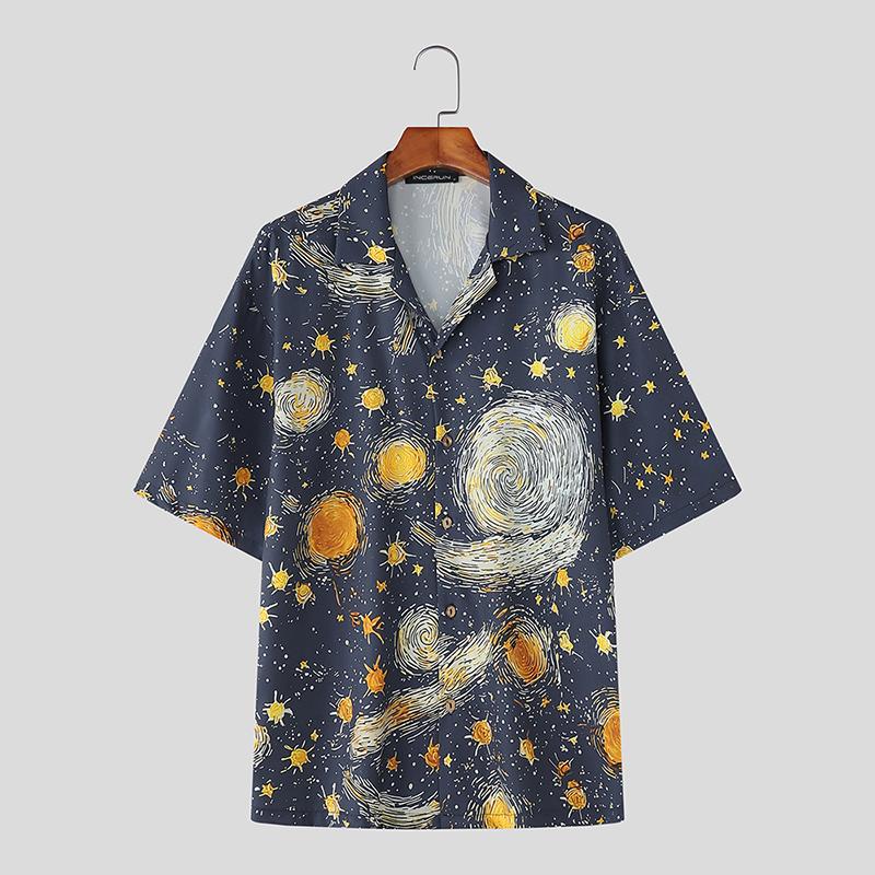INCERUN Oversized Men Casual Lapel Neck Short Sleeve Printing Buttons Shirts