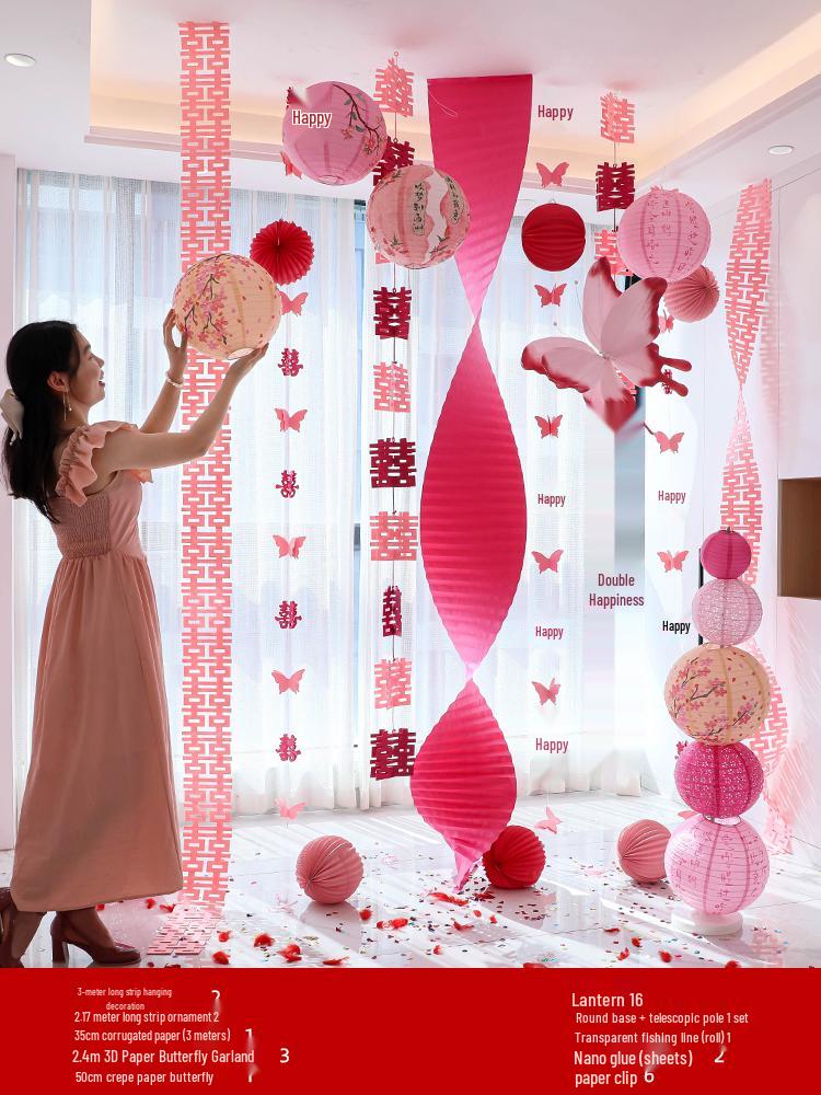 Double Happiness Wedding Room Decor Set: Non-Woven Fabric Papercut for Bride and Groom's Bedroom or Hotel.