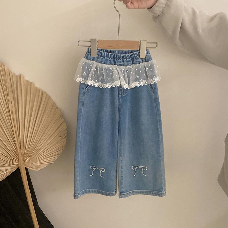 Children Pant Spring Autumn Korean Children Girls' Cartoon Top Love Sling Spring Stitching Lace Embroidered Bow Jeans