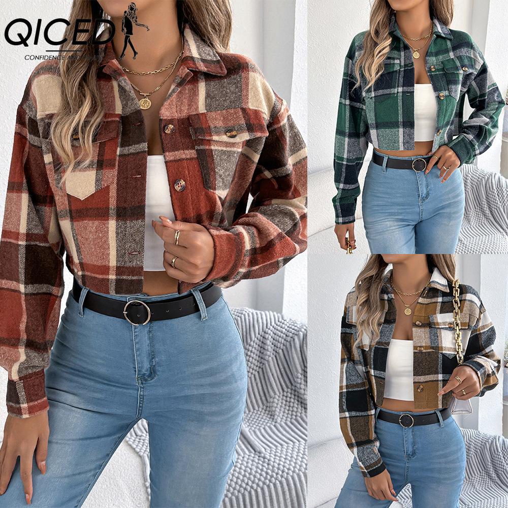 QICED Autumn and Winter Color-blocking Checkered Long-sleeved Woolen Short Jacket for Women