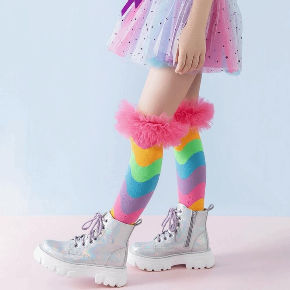 New Cartoon Knee Socks Breathable Rainbow Color Ruffles Socks No Heel Stockings