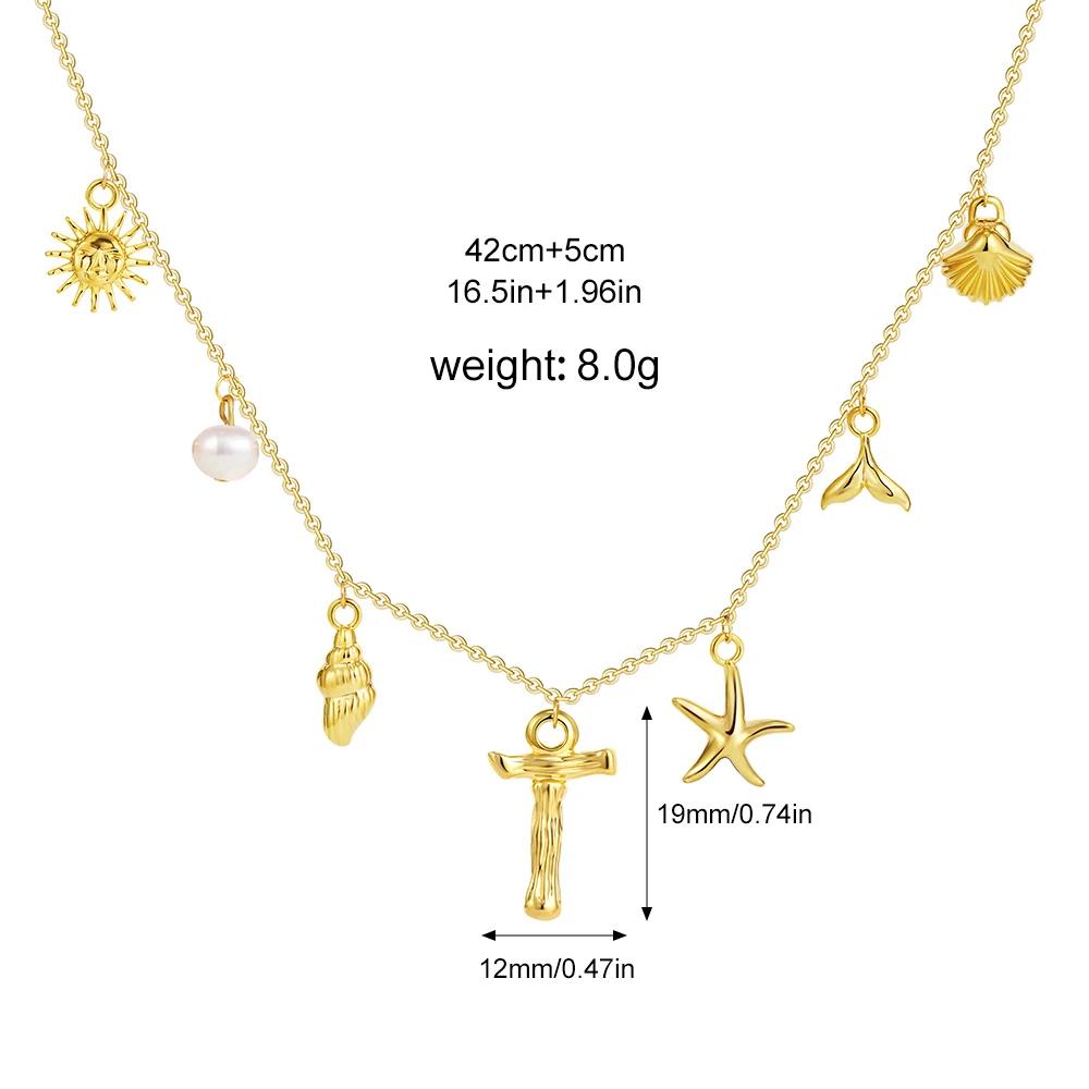 Boho A-Z Initial Letter Pendant Necklace Gold Color Beach Shell Starfish Pearl Necklace Women's Charm Jewelry Party Gift