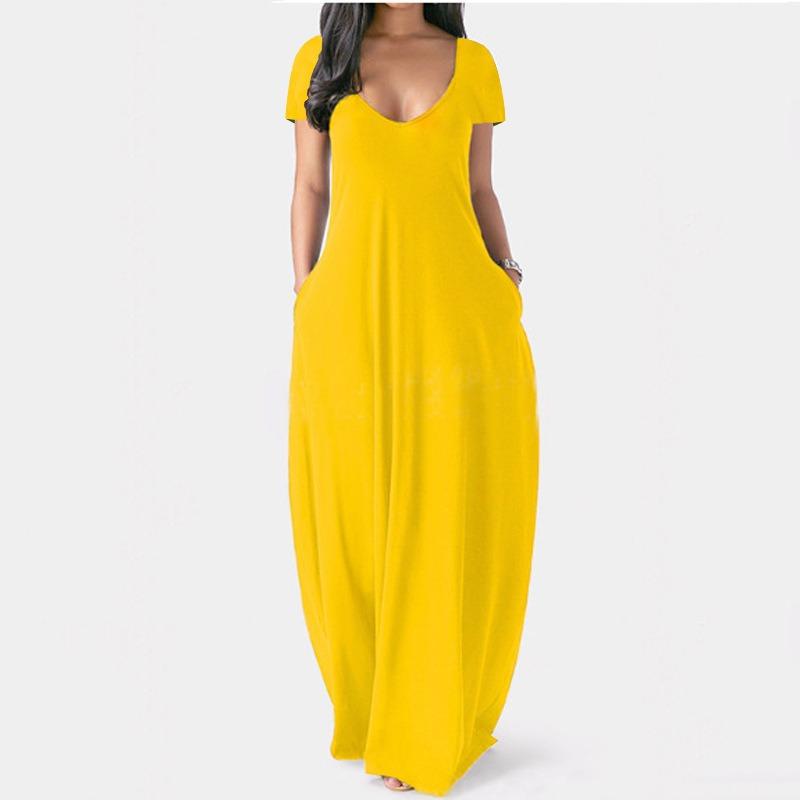 QICED Fashion Summer Spring Solid Color Print Short Sleeve U-Neck Casual Dresses Unique design