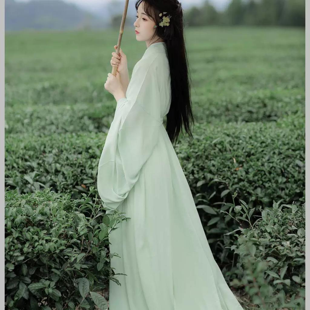 Elegant Chinese Traditional Hanfu Set, Flowing Wide Sleeve Robe with Trailing Straight Hem, Cold Style Fairy Photography Outfit