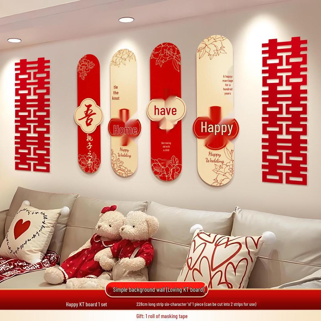 Wedding Room Décor Set: Bride & Groom Bedside Background with Pull Flowers & Double Happiness KT Board