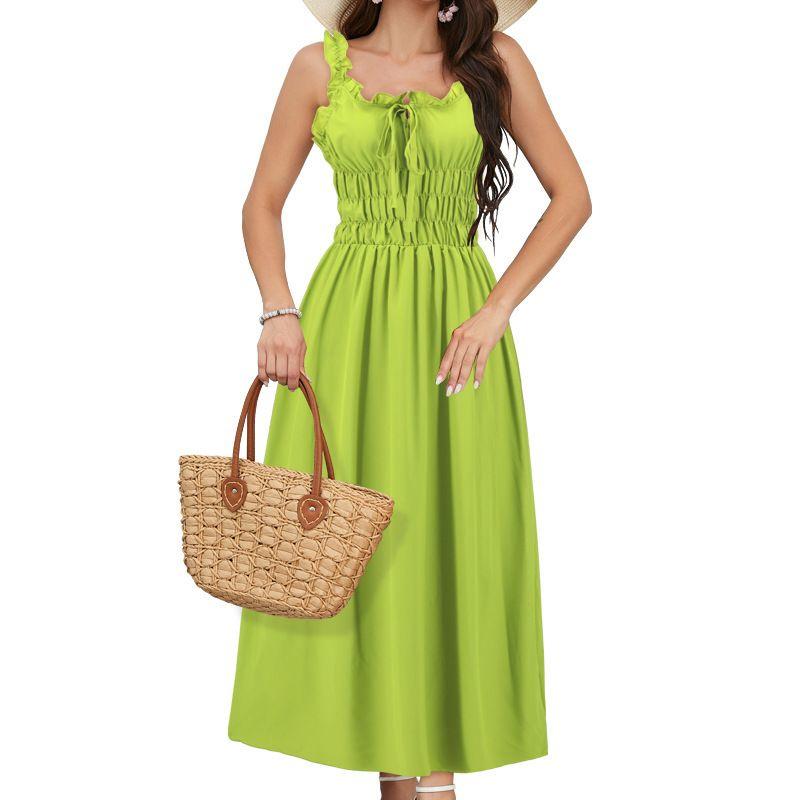 

European and American Style Dress Women s Dress Spring and Summer Vacation Casual Pure Color Waist Trimming Spaghetti Straps Long Dress HD002-Green XL