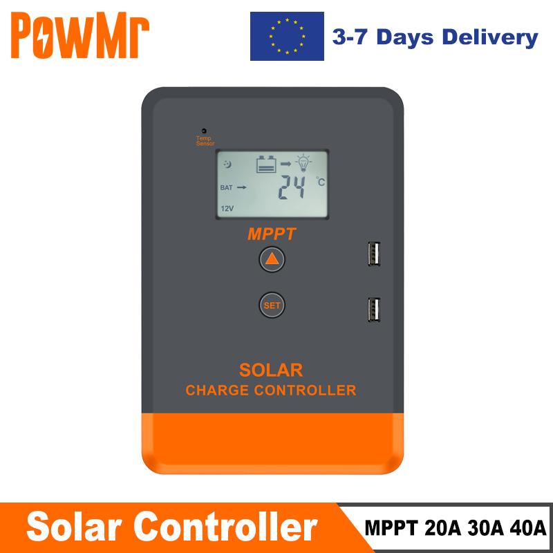 PowMr MPPT 40A 30A 20A Контроллер заряда солнечных батарей 12В 24В Регулятор заряда для свинцово-кислотных, LiFePO4, литиевых аккумуляторов 12V 24V Auto