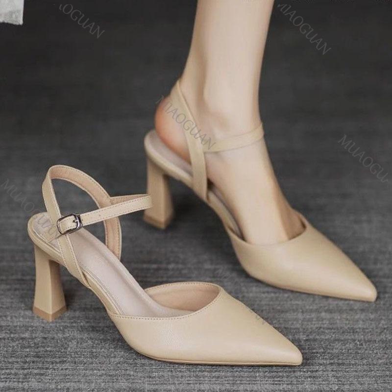 Fashion 2025 Summer Shoes for Women Thick High Heels Baotou Sandals Fashion Pointed Toe Soft Leather Solid Color Heeled Sandales Femmes