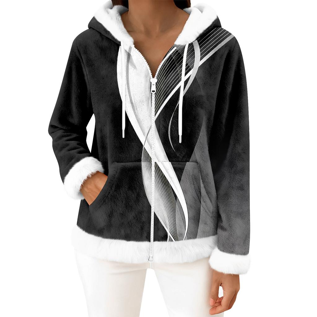 Women's Casual Fashion Long-Sleeved Zip-Up Fleece Hooded Cardigan
