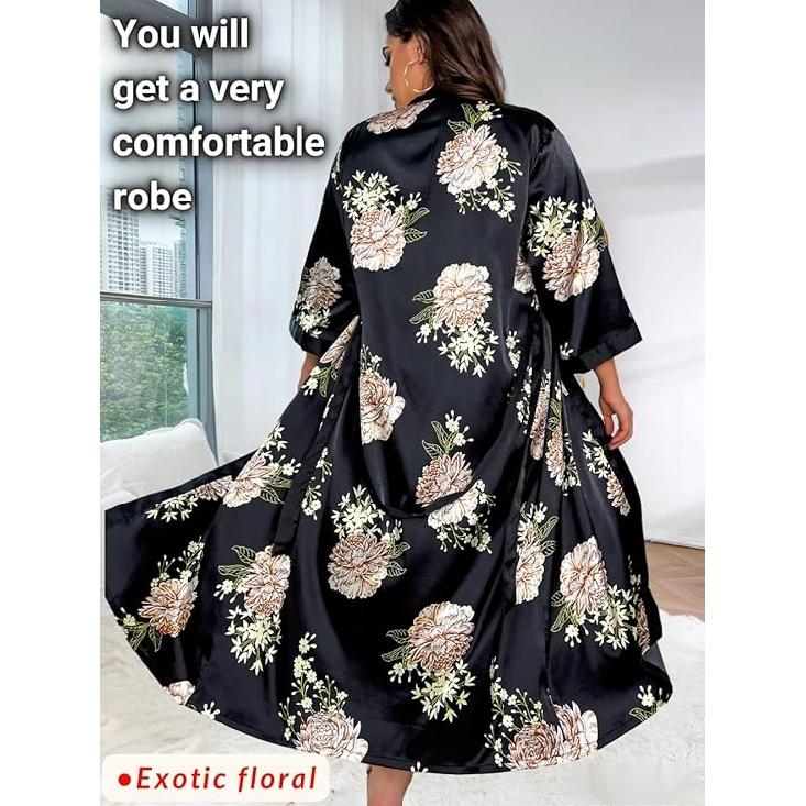 Women's Plus Size Valentines Robe, Sexy Satin Robe Long Sleepwear