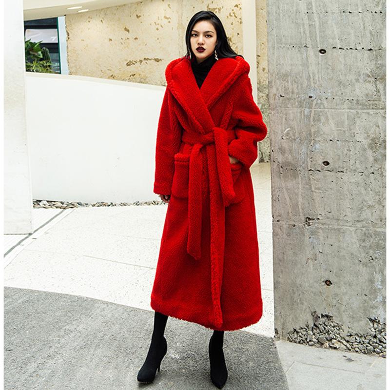 Autumn and winter casual celebrity new fashion lamb wool imitation fur coat women's medium and long lapel hooded tide