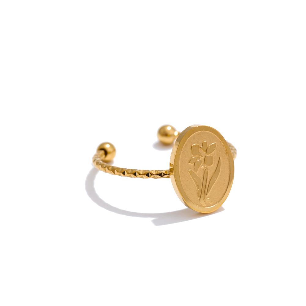 Yhpup 12 Month Birth Flower Floral Oval Open Ring Minimalist Stainless Steel 18K Golden Plated Charm Finger Jewelry Wholesale