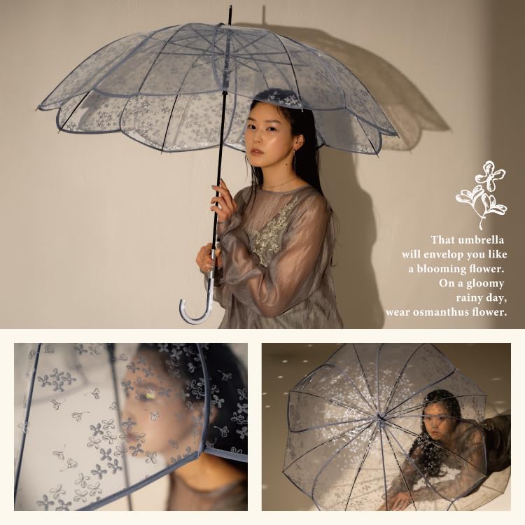 Silver Osmanthus Long Umbrella with 61cm Elegant Floral Social Wpc. [Vinyl Umbrella] Umbrella, Ribs, Large, Jumping, Design, Cute, Stylish, Media,