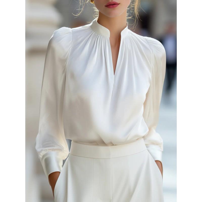 2026 Satin Stand Collar Blouse With Puffed Sleeves Long Sleeve Womens Office Wear