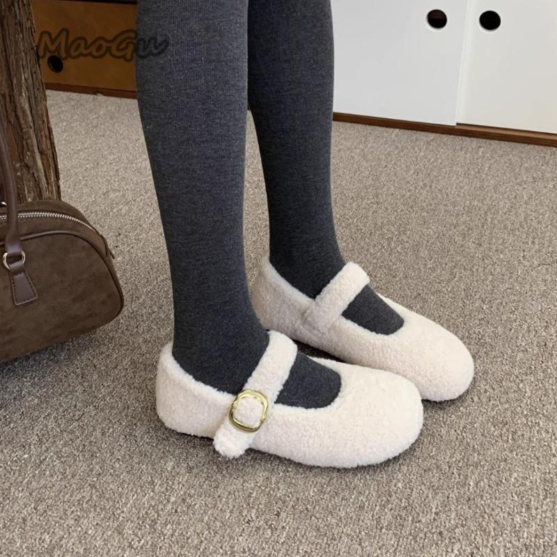 Fashion Autumn Winter Fur Footwear Women's Mary Jane Shoes Concise Warm Outdoor Low Hee Loafers Ladies Comfortable Cotton Flats Shoes