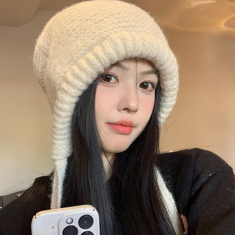 Plain two-way knit bonnet hat in ivory IVORY