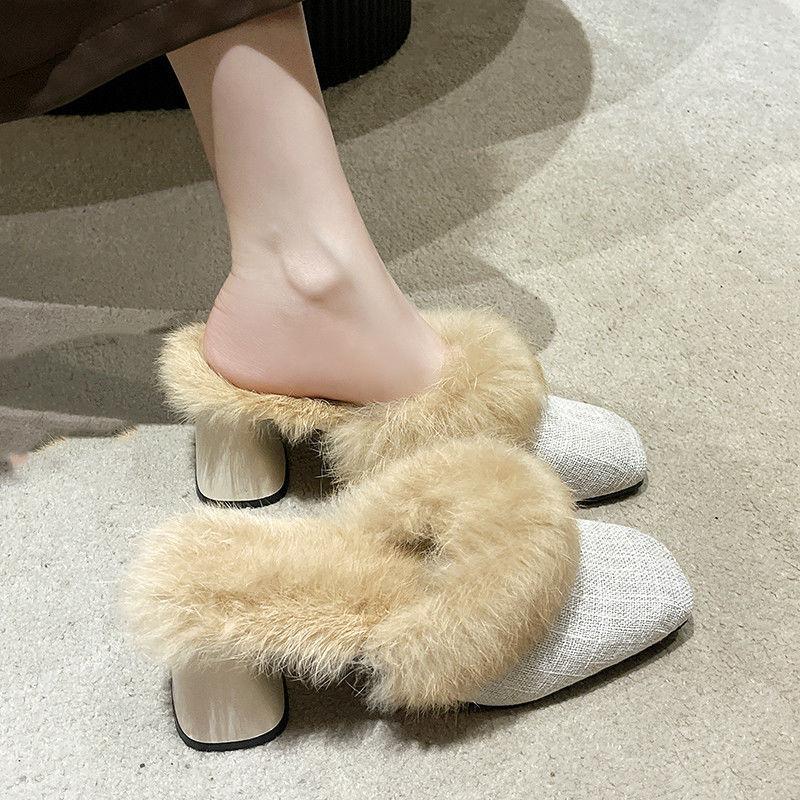 

Женские пушистые тапочки женские 2024 новые квадратные носки меховые роскошные пушистые плюшевые туфли-лодочки мягкие домашние зимние женские теплые туфли на высоком каблуке 35