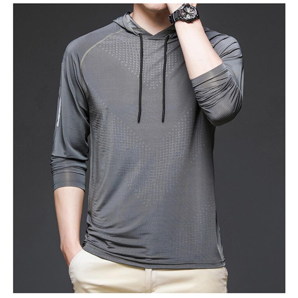 

Новая летняя быстросохнущая футболка из ледяного шелка для мужчин, повседневная спортивная, облегающего кроя, для улицы, с высокой эластичностью, с длинным рукавом и капюшоном 2XL