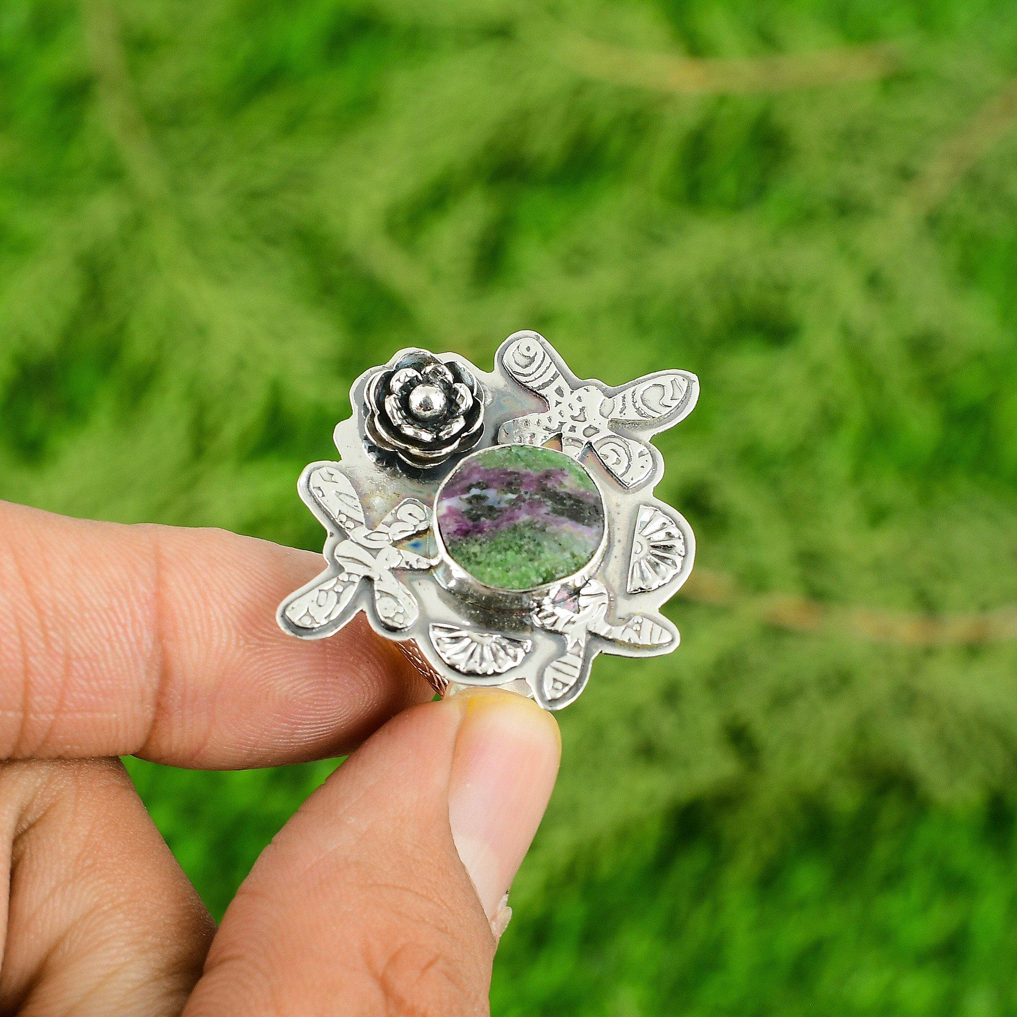

Natural Ruby Zoisite 925 Silver Solitaire Flower Adjustable Ring For Girls Adjustable