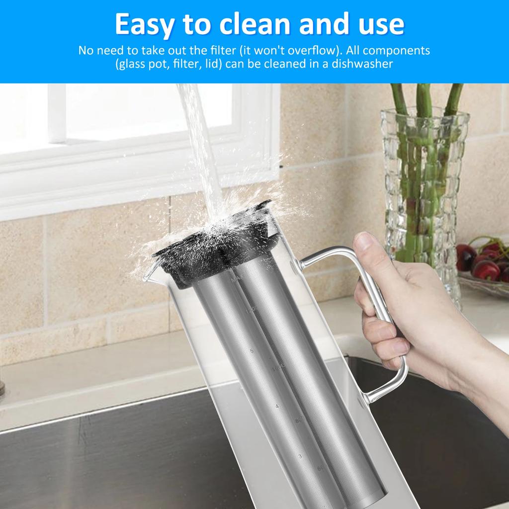 Coffee Pitcher Airtight Cold Brew Iced Coffee Maker and Tea Infuser 1400ml Glass Carafe with Removable Stainless Steel Filter