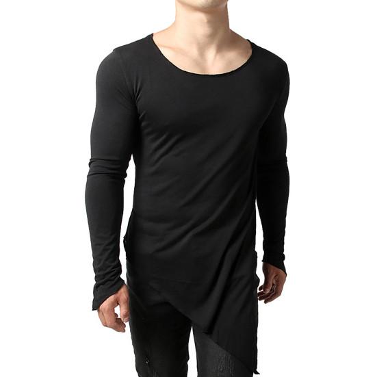 Herren T-Shirt Langarm Einfarbige Unregelmäßiger Saum Pullover Streetwear Warm Seitenschlitz Langer Stil Herren Frühlingstop Männliche Kleidung