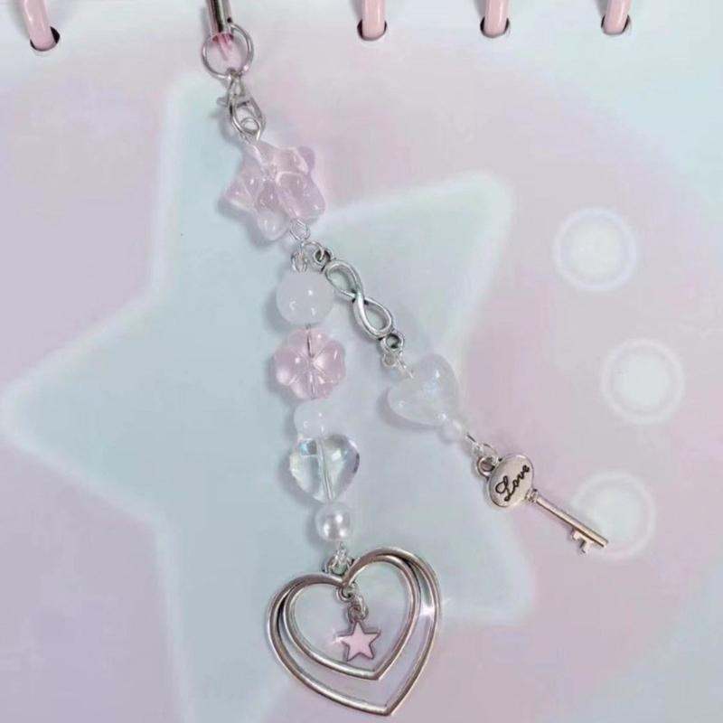 Handmade Bowknot Phone Chain Heart Pendant Keychain Rose Flower Charm Phone Lanyard Straps Acrylic Keyring Bag Ornament