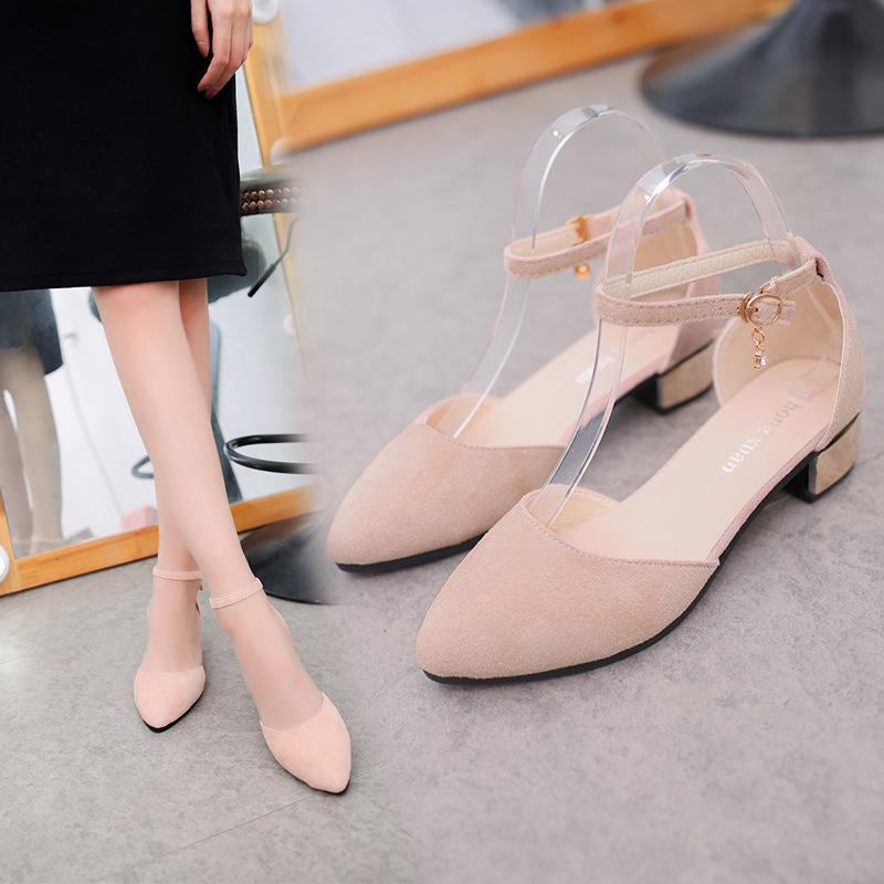 Fashion Shallow hollow women's single shoes closed toe mid-heel sandals with buckle straps pointed toe thick heels women's sandals