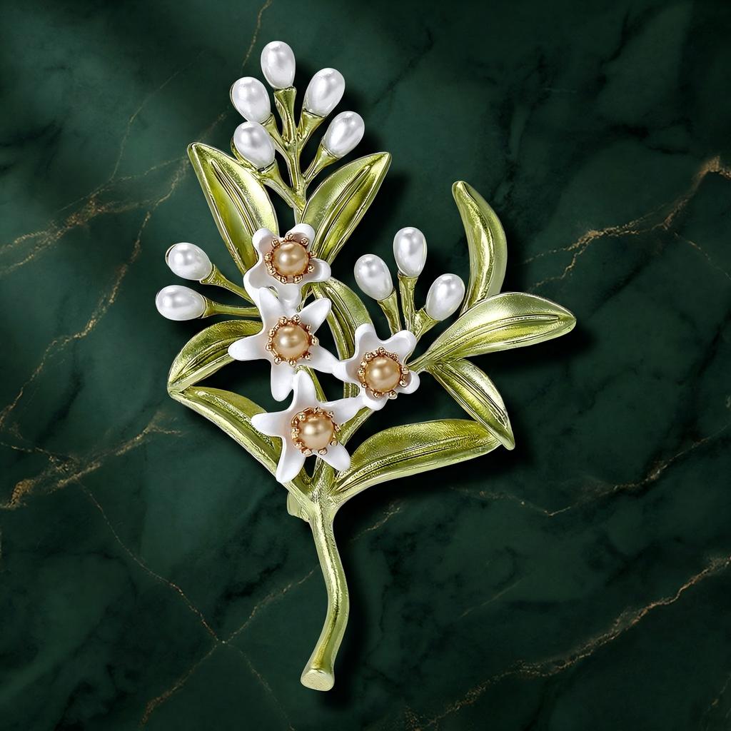 Classic Enamel Jasmine Brooches for Women Pearl Plant Flower Pins Friend Event Party New Gifts Jewelry Decoration Accessories