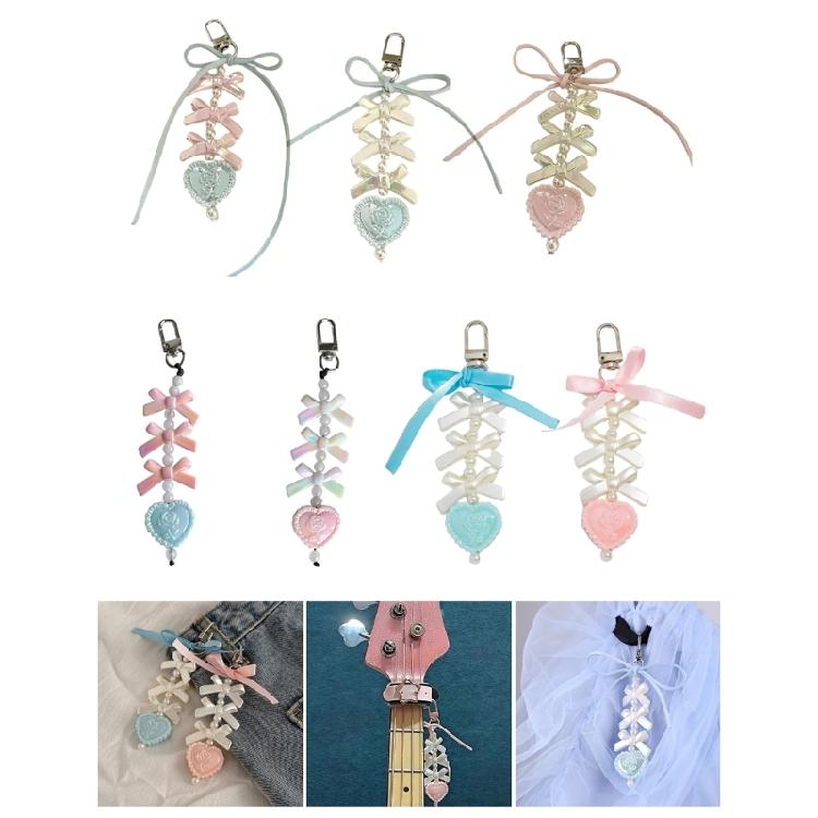 Elegant Bowknot and Heart Keychain with Pearls Stylish Bag Charm Accessories Handmade Car Key Ornament for Daily Use