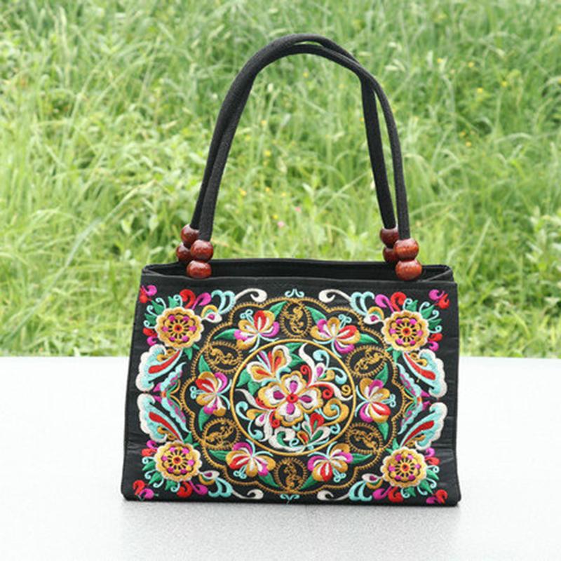Ethnic style double-sided embroidered double-layer canvas bag middle-aged and elderly women's square bag