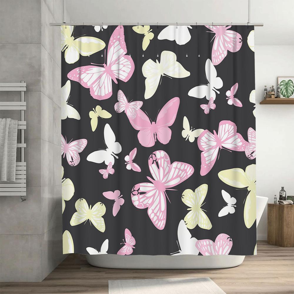 Colorful Butterfly Shower Curtain SetPink White Floral Pattern for Bathroom Decor Modern Home Decorative Shower Curtains with Ro